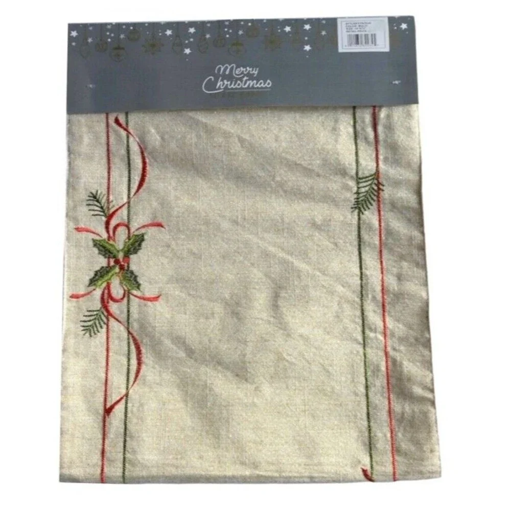 Christmas Embroidered Table Runner Ornament Holly Gold Red Green 72x14 Holiday